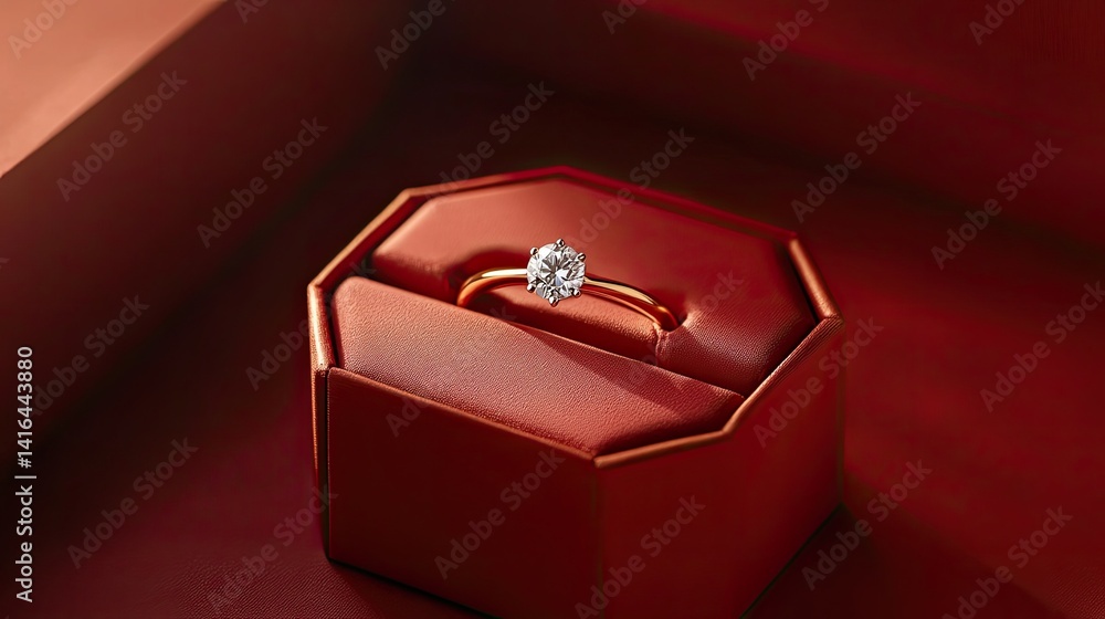Red box with a gold diamond ring lying inside, mockup Red box with a gold diamond ring lying inside, mockup