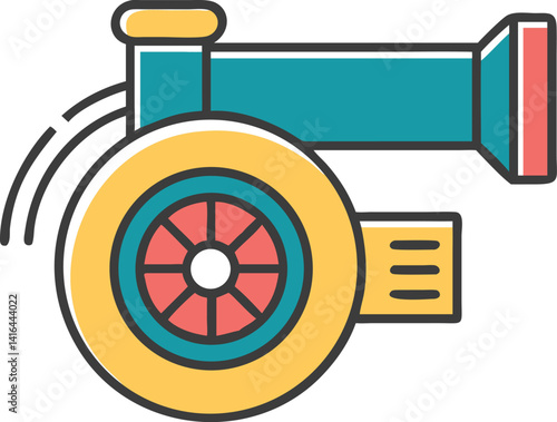 Cartoon Antique Cannon with Wheel, Teal and Yellow isolated on Transparent