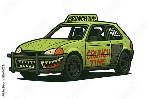 Grünes Crunch Time-Derbyauto mit Cartoon-Gesicht und Zähnen