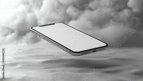 Silver Smartphone Mockup Floating Above Textured Surface with Cloudy Background