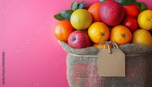 Vibrant Citrus Fruits and Apples in Burlap Sack with Blank Tag on Pink Background
