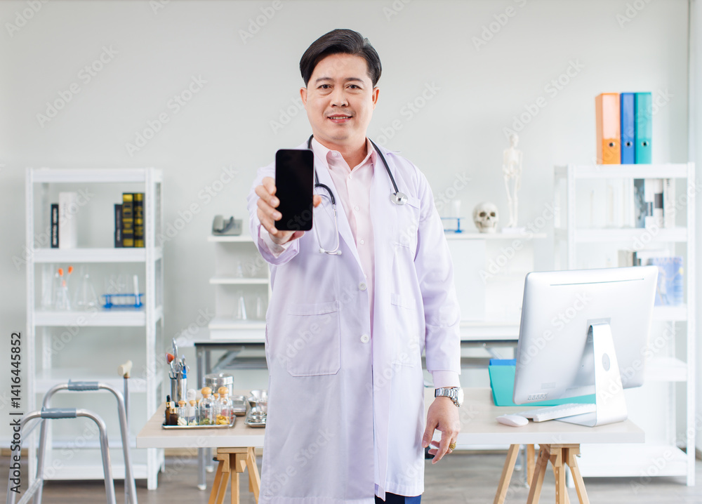 Portrait of asian doctor positive confident wearing white coat and stethoscope showing blank smartphone, mobile phone screen display in clinic examination room looking at camera, medical professional.
