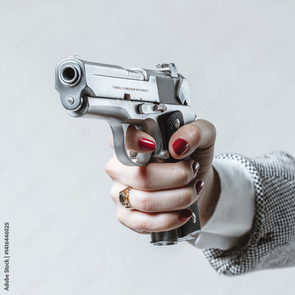 A close-up shot of a hand holding a silver handgun, symbolizing themes of power, control, and societal issues surrounding gun violence and personal safety.