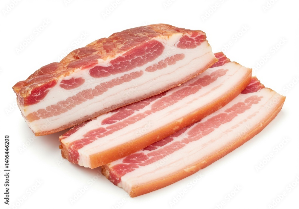 Close up of three slices of bacon stacked on top of each other on a white background surface view food Close up of three slices of bacon stacked on top of each other on a white background surface view food