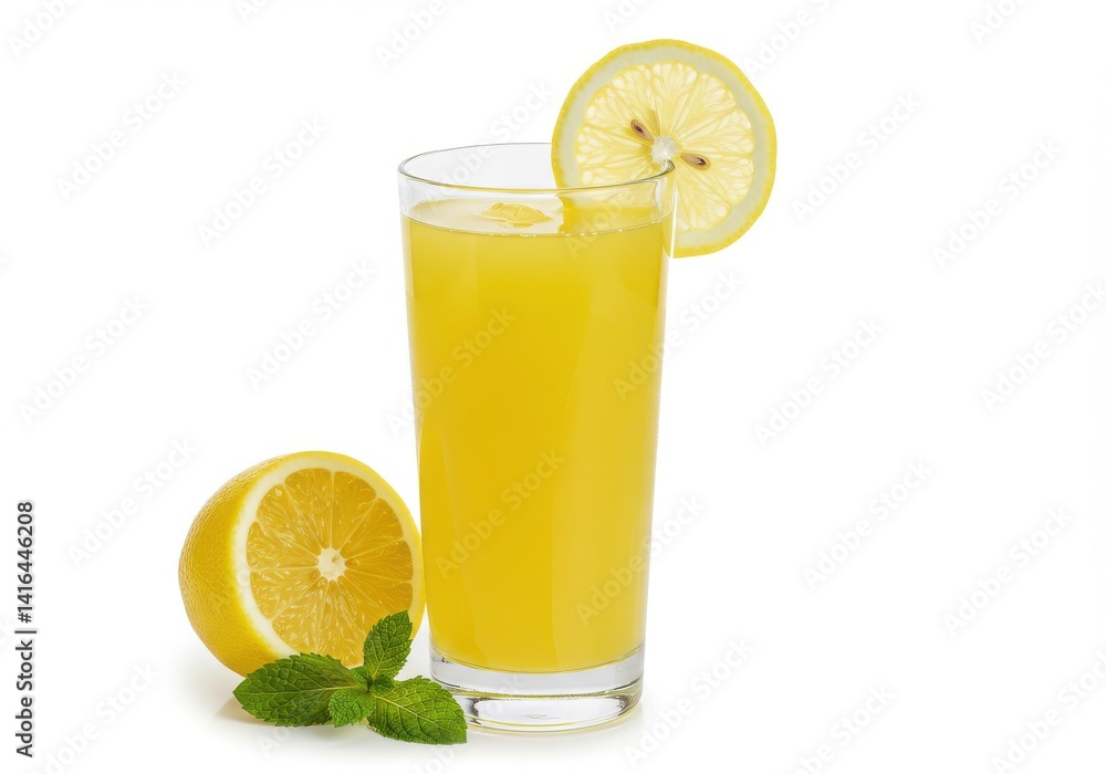 A glass of yellow juice with a lemon slice and mint leaves on a white background is displayed here A glass of yellow juice with a lemon slice and mint leaves on a white background is displayed here