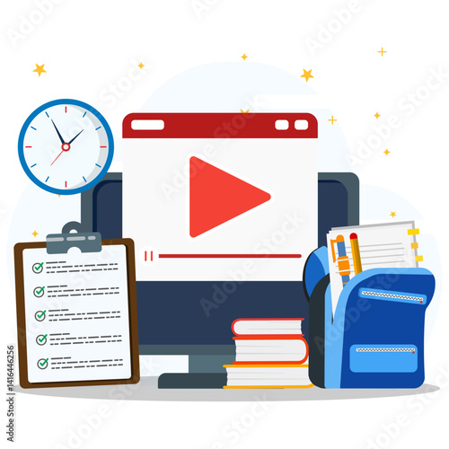 Online courses lesson concept. Distance knowledge web study, virtual school using internet, webinar, teleconference and digital presentation. 