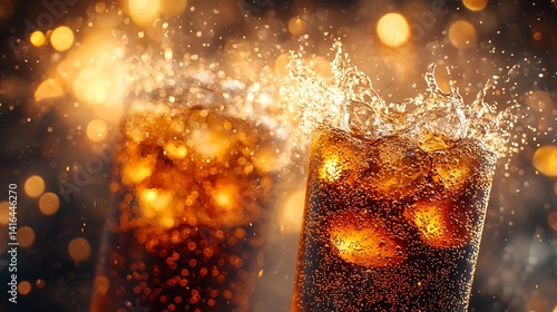 Refreshing cola drinks with ice and splashes