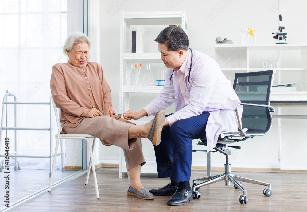 Asian orthopedic doctor consultation explaining treatment methods of trauma to retired old woman leg injury knee pain of patient in hospital physical therapy rehabilitation medical health care support