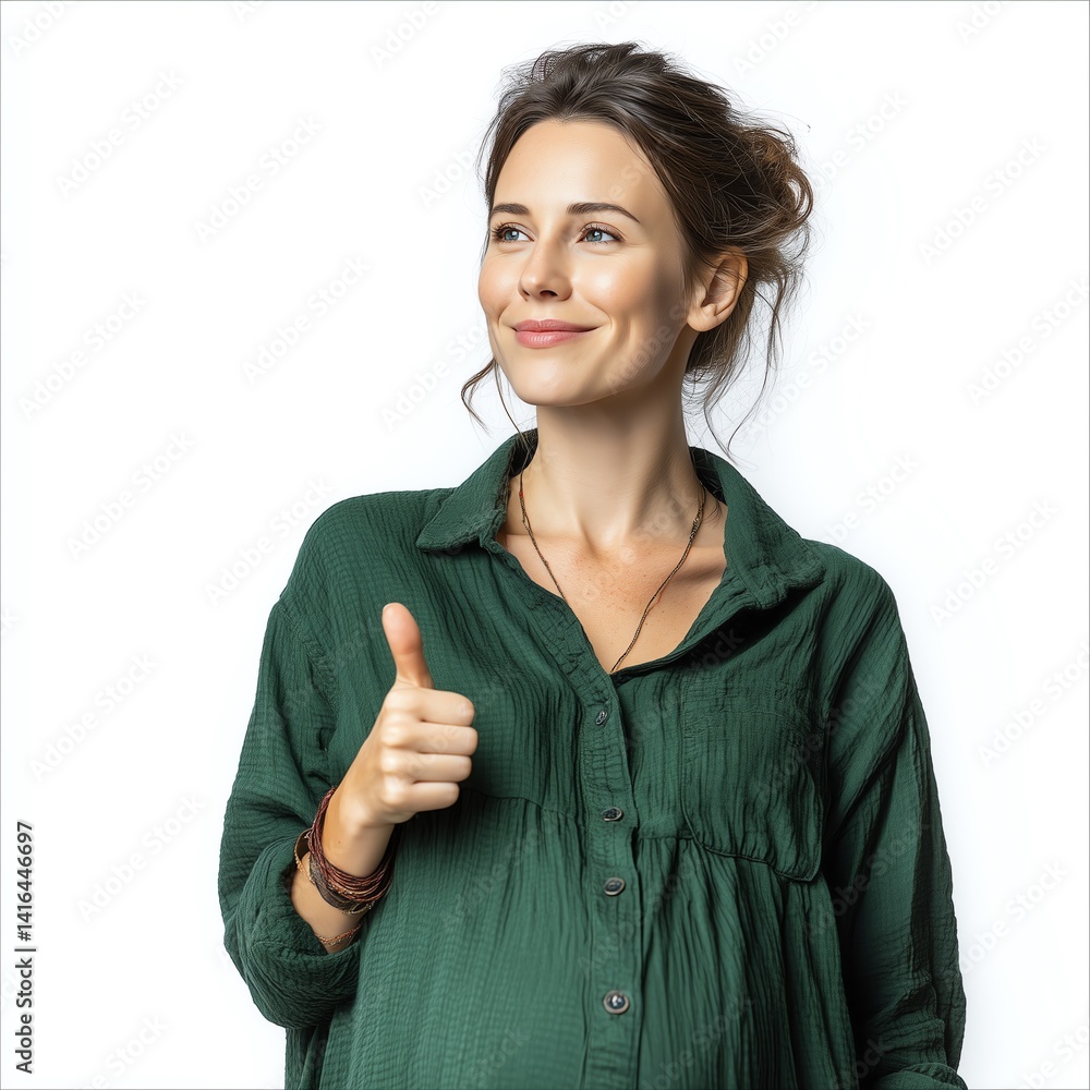 A confident woman expressing positivity with a thumbs up gesture. Her casual green shirt and radiant smile capture a sense of happiness and encouragement.