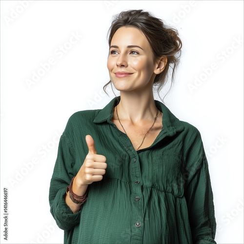 Obraz na płótnie A confident woman expressing positivity with a thumbs up gesture. Her casual green shirt and radiant smile capture a sense of happiness and encouragement. w salonie