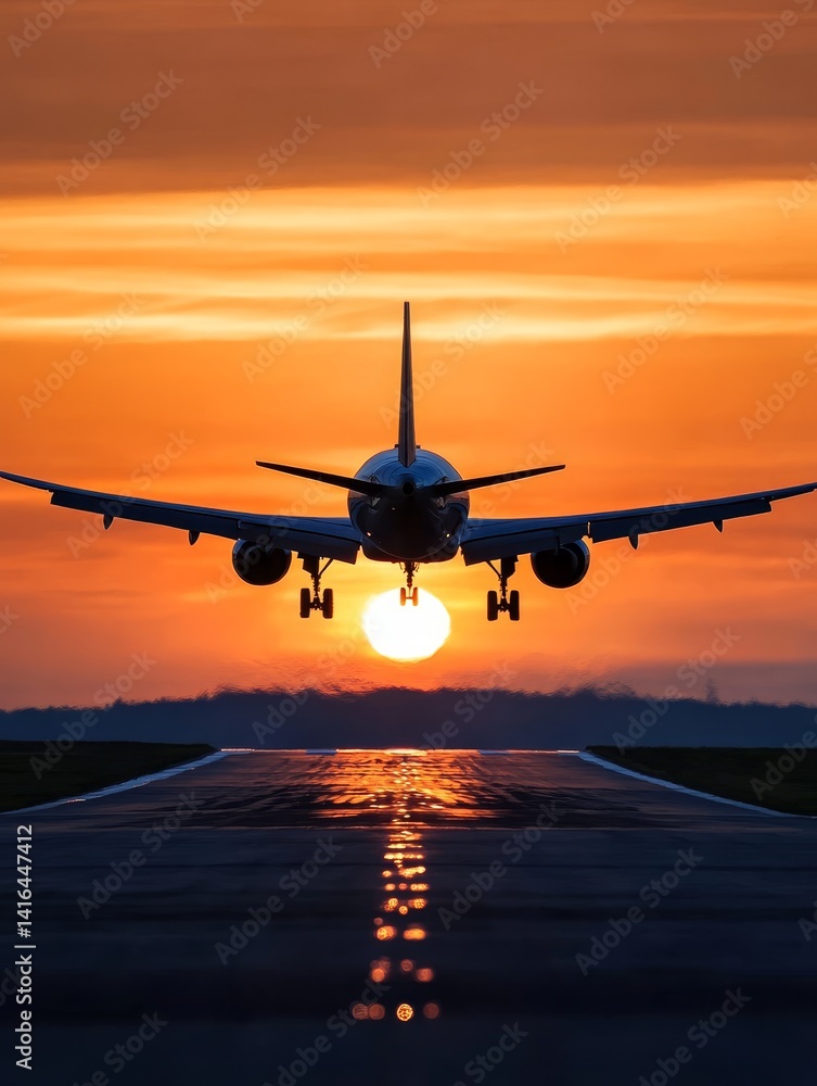 Fototapeta premium Sunset Airplane Landing - Airplane silhouetted against a vibrant sunset, landing on a runway. A perfect for travel, aviation, and transportation themes
