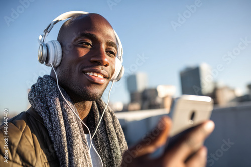 Obraz na płótnie Smiling young man with headphones listening to music with smart phone against city skyline w salonie