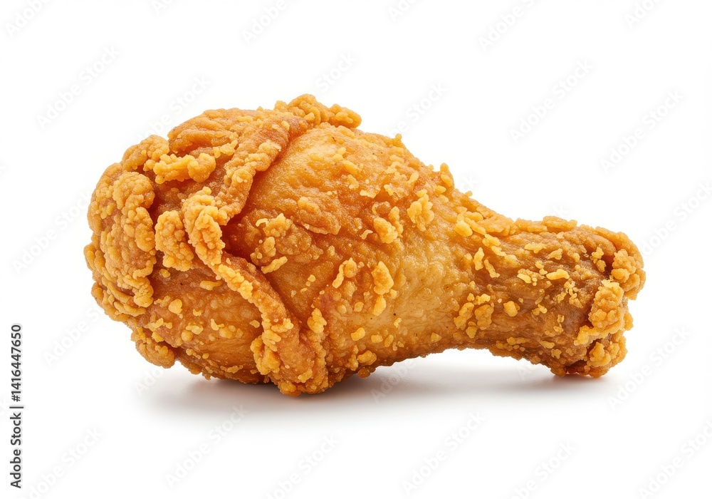 A single crispy fried chicken drumstick isolated on a plain white background showing its texture detail A single crispy fried chicken drumstick isolated on a plain white background showing its texture detail