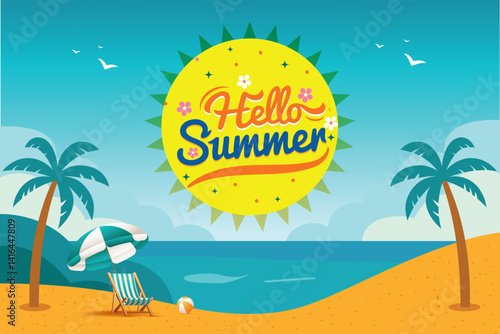 Hello Summer Beach Vacation Illustration
Summer Holiday Scene with Sun, Palms, and Beach
Tropical Summer Getaway Vector Illustration
Hello Summer Text with Beach Landscape
Bright and Cheerful Summer