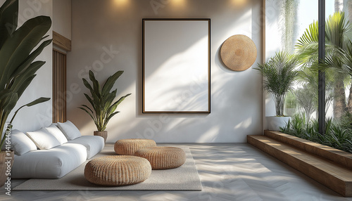 Sunlit Minimalist Living Room with Mockup Canvas and Woven Accents
