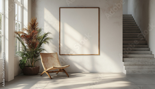 Sunlit Minimalist Interior with Mockup Poster, Rattan Chair, and Plant
