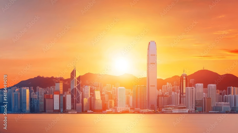 Obraz premium Vibrant Cityscape Sunset - Stunning panoramic view of a city skyline at sunset, with skyscrapers silhouetted against a fiery orange sky