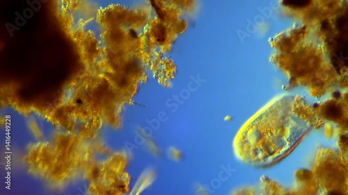 Frontonia - a ciliate swims using cilia among freshwater microorganisms - 200x DIC microscope