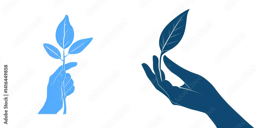 Obraz premium Two hands gently holding green leaves, symbolizing nature and growth, set against a minimalist background, ideal for environmental themes isolated on white or transparent png