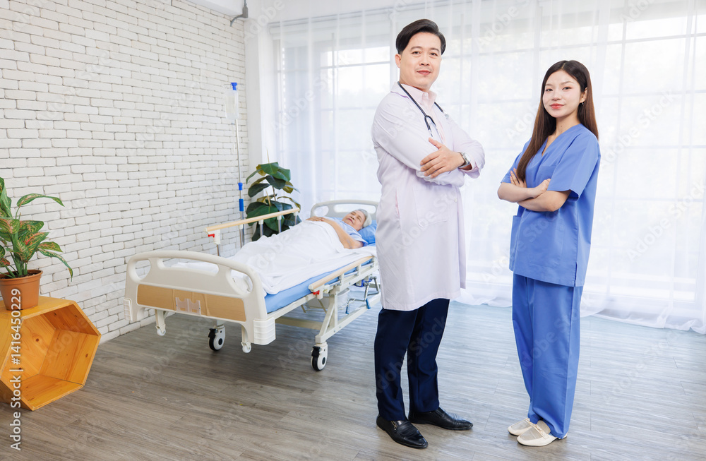 Obraz premium Portrait of asian confident male doctor in white coat standing with nurse at clinic hospital smiling looking at camera, Consultation caregiver support healthcare medicine wellness professional