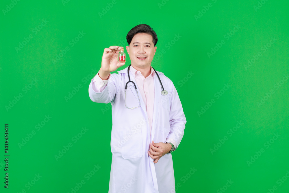 Portrait of asian middle aged confident man doctor in white coat with stethoscope standing holding medicine bottle looking at camera on green background, Consultation healthcare professional concept.