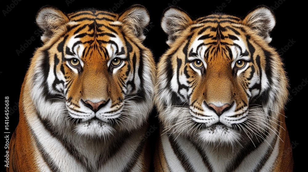 Fototapeta premium Intimateportraitsoftwinsiberiantigersshowingtheirvibrantorangeandblackstripesagainstablackbackdropemphasizingtheirmuscularbuildandintenseeyes