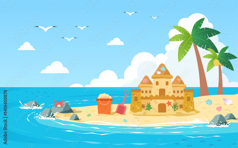 Obraz premium Summer Seaside Flat Illustration with Sandcastle and Ocean View