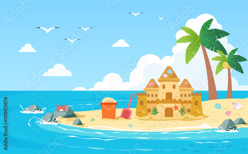 Summer Seaside Flat Illustration with Sandcastle and Ocean View