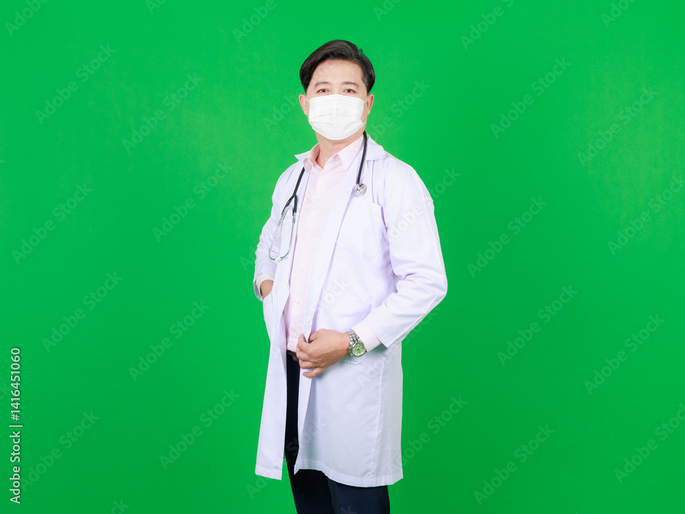 Portrait of asian middle aged confident man doctor in white coat with stethoscope wearing a mask standing posing looking at camera on green background, Consultation healthcare professional concept.