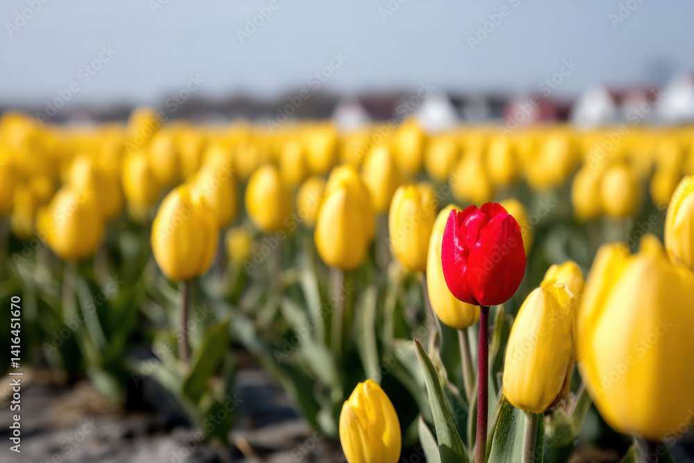 Germany, yellow tulip field with single red tulip