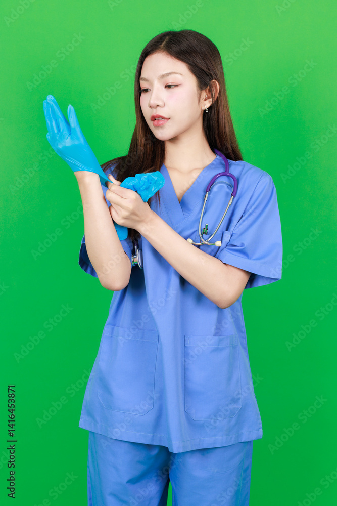 Portrait of asian young woman confident beautiful, smiling nurse in blue uniform standing looking at camera pose on green background, Consultation caregiver healthcare medical assistant professional.