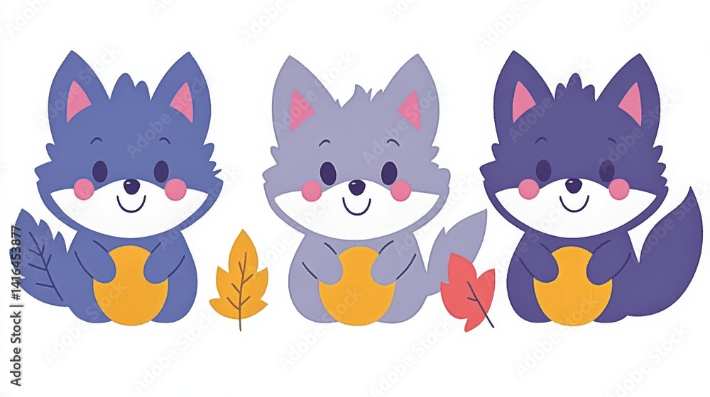 Charming pixelated wolves holding honey pots with autumn foliage offering a delightful scene ideal for endearing children's illustrations and surface design projects Charming pixelated wolves holding honey pots with autumn foliage offering a delightful scene ideal for endearing children's illustrations and surface design projects