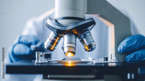Close-up shot of a modern microscope in a laboratory, illuminated optics