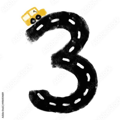 Cute Number 3 three third winner road map street doodle crayon watercolour kids illustration wall art learn counting count birthday party age