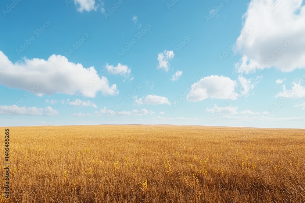 Expansive golden wheat field under a vibrant blue sky. Expansive golden wheat field under a vibrant blue sky.