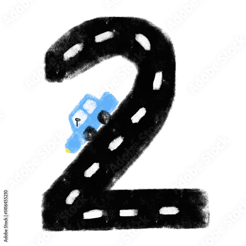 Cute Number 2 two second winner road map street doodle crayon watercolour kids illustration wall art learn counting count birthday party age