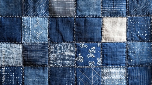 Sashiko fabric patches with indigo color and white thread, used as wallpaper.