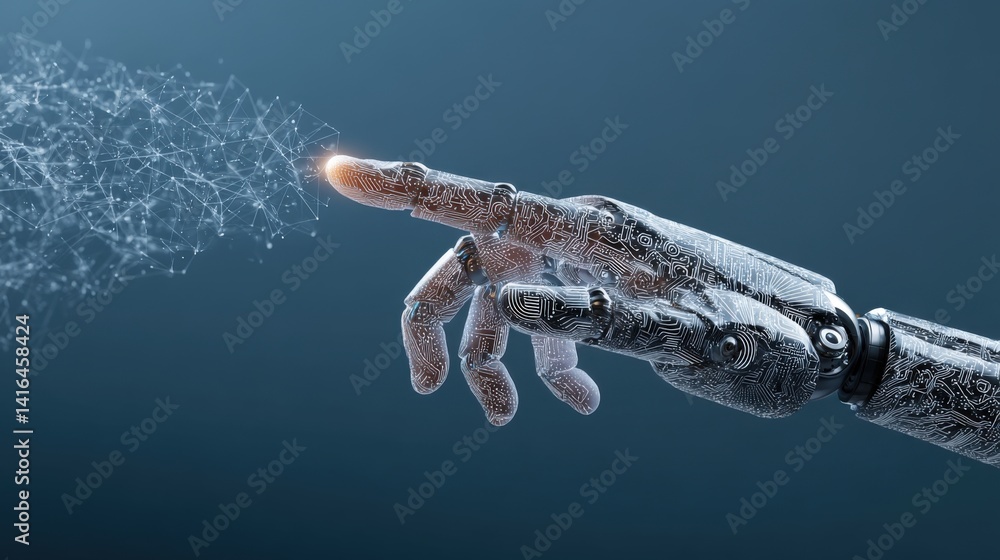 Fototapeta premium A robot hand touching the finger of an artificial intelligence, with data particles flowing between them, symbolizing machine learning and AI technology concept.