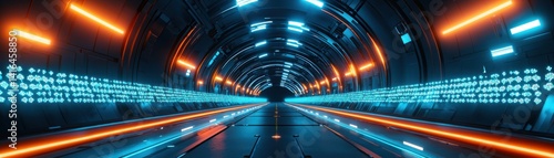 Futuristic 3D Rendering of Nucleotide Sequences in a High-Tech Digital Tunnel with Neon Lights and Abstract Patterns