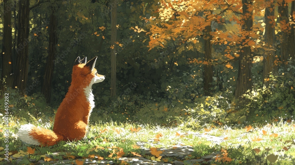 Fototapeta premium A solitary fox sits amidst golden foliage in a tranquil forest setting basking in the soft glow of autumn sunlight a serene moment in nature
