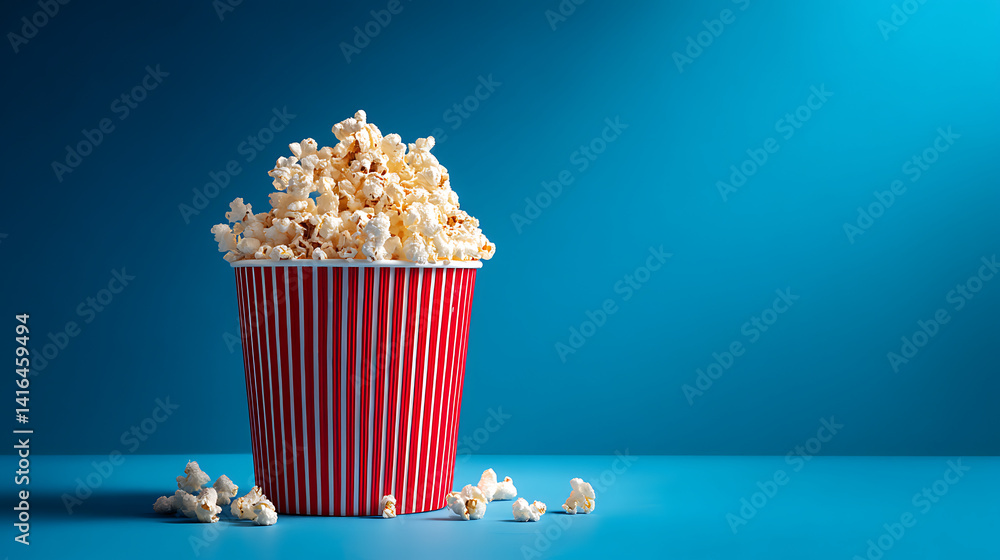 A vibrant, striped popcorn container overflowing with fresh popcorn against a blue backdrop A vibrant, striped popcorn container overflowing with fresh popcorn against a blue backdrop