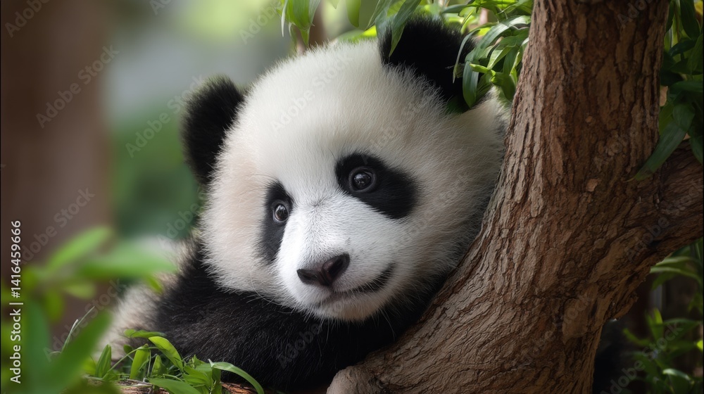 Fototapeta premium Cute panda cub in a tree, close-up of its face
