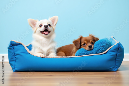 Two small dogs laying on a dog bed on a wooden floor