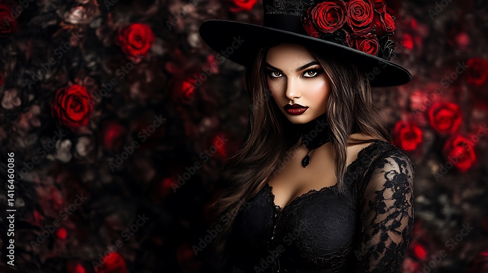 Gothic Beauty: A Darkly Enchanting Portrait of a Woman in a Black Hat Adorned with Red Roses Gothic Beauty: A Darkly Enchanting Portrait of a Woman in a Black Hat Adorned with Red Roses