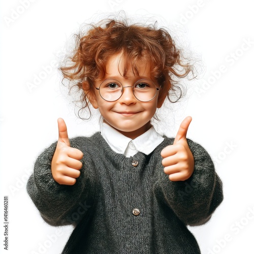 A cute little girl with curly hair, wearing glasses and a dark gray sweater, giving a thumbs-up gesture against a white background.