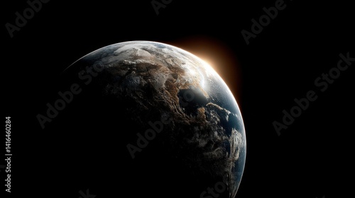 Cinematic shot of the Earth from space, half in shadow with the sun rising on one side
