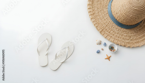 A minimalist image of a straw beach bag, a pair of flip-flops, and a small seashell, all placed neatly on a white background.