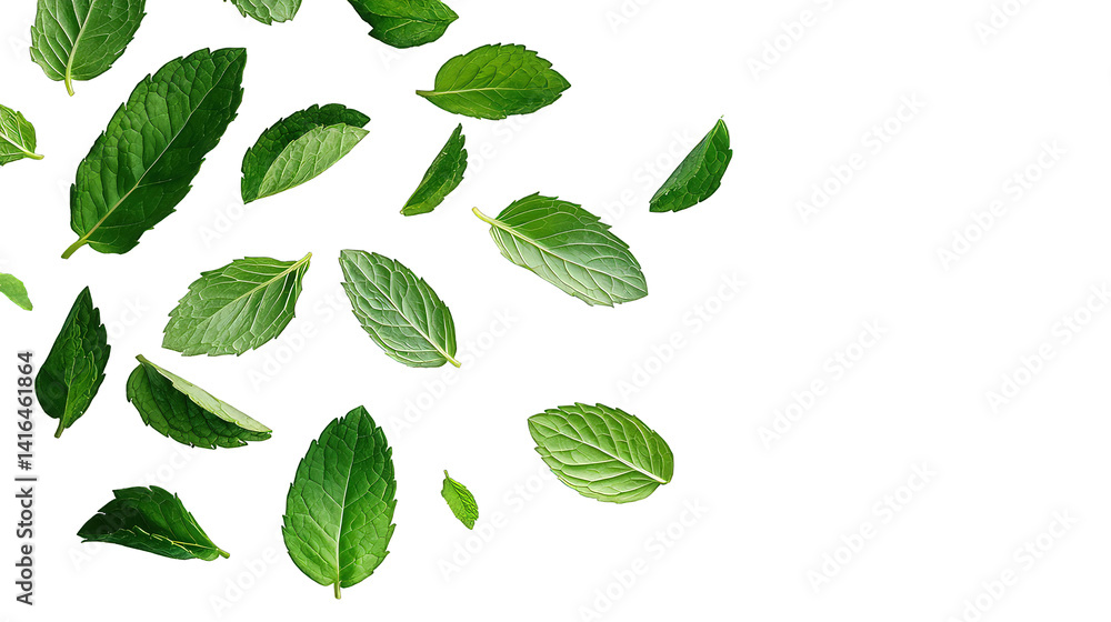 Mint leaves spread across a white backdrop symbolizing freshness and natural aesthetics for culinary, wellness, and branding projects Mint leaves spread across a white backdrop symbolizing freshness and natural aesthetics for culinary, wellness, and branding projects