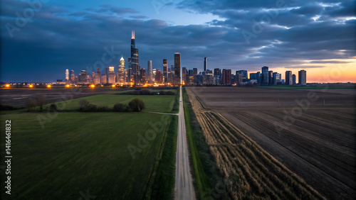Fototapeta Naklejka Na Ścianę i Meble -  Digital Divide Inequality dramatic contrast between modern city skyline and rural landscape at dusk