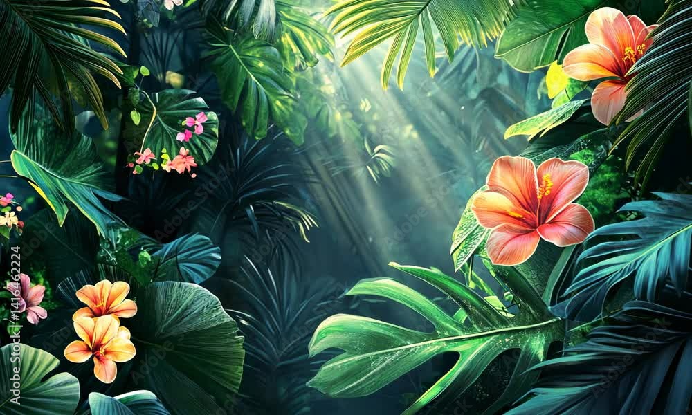 background of a tropical jungle with exotic flowers, large green leaves, and vines, realistic style, soft natural lighting, vibrant and wild atmosphere background of a tropical jungle with exotic flowers, large green leaves, and vines, realistic style, soft natural lighting, vibrant and wild atmosphere